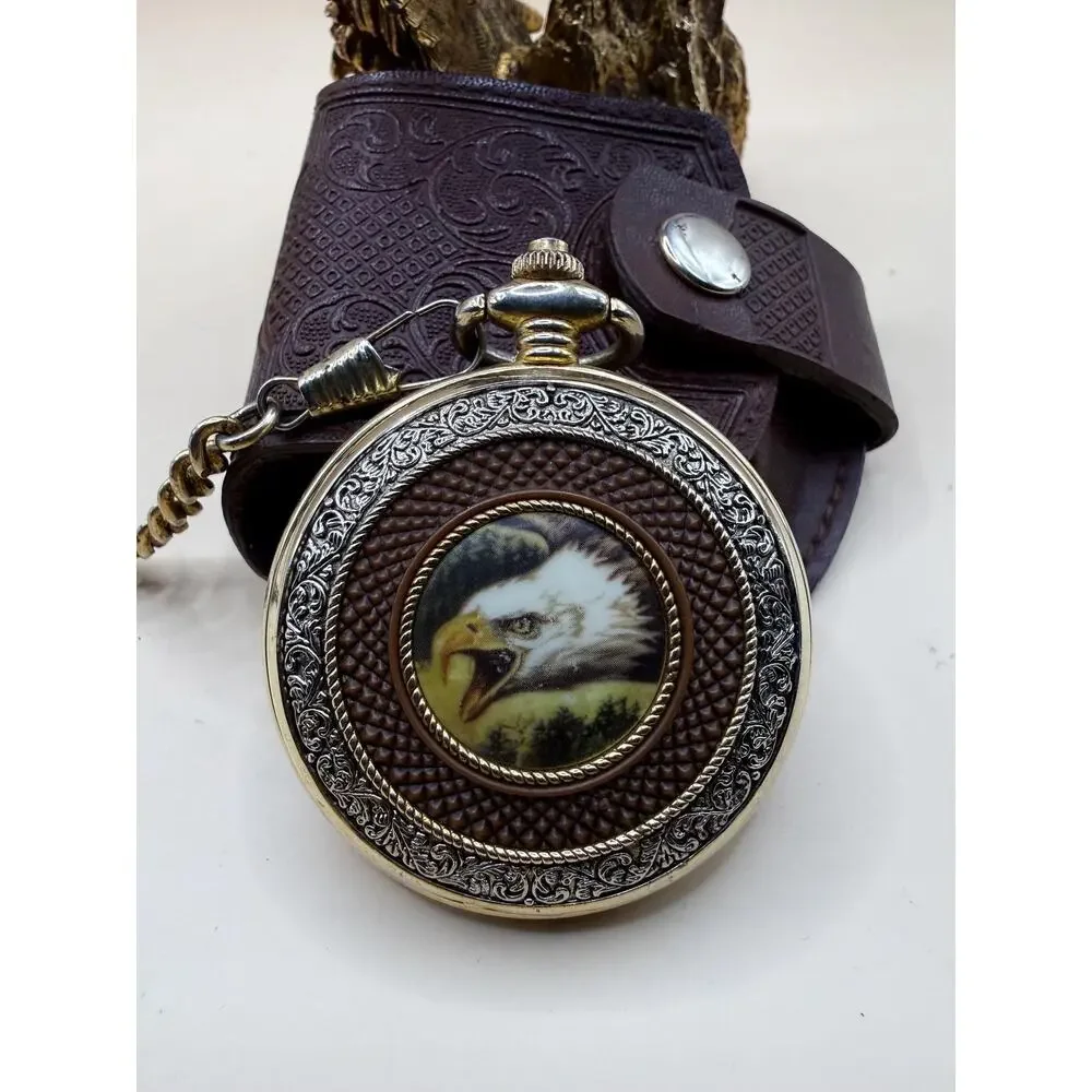 VTG Franklin Mint Bald Eagle Pocket Watch by Ted Blaylock Stand, Chain & Pouch